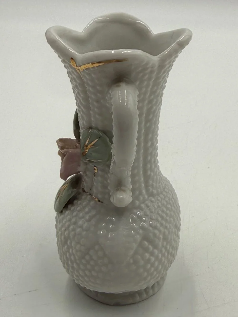 Japan White Hobnail Porcelain Bud Vase Pink Applied Rose Flower 4 in Vintage